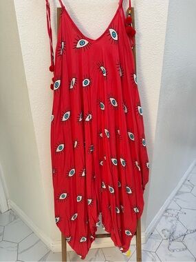 Red and Blue Evil Eye-Print Spaghetti Strap Jumpsuit Over Size Wide Leg Boho